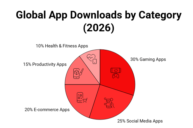 describing global app downloads in 2026 by category in a pie chart. 